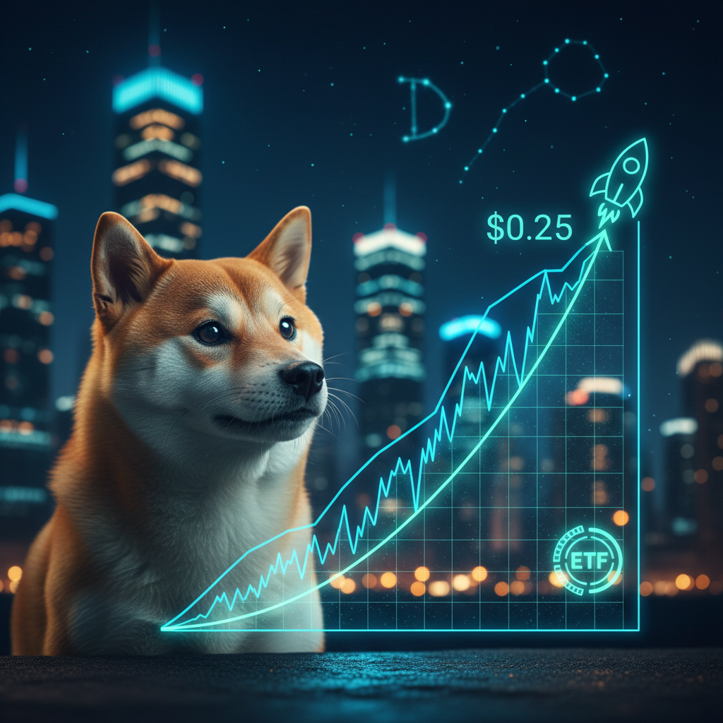 A chart showing the Dogecoin price consolidating within a falling wedge pattern, with an arrow pointing towards a potential upward breakout.
