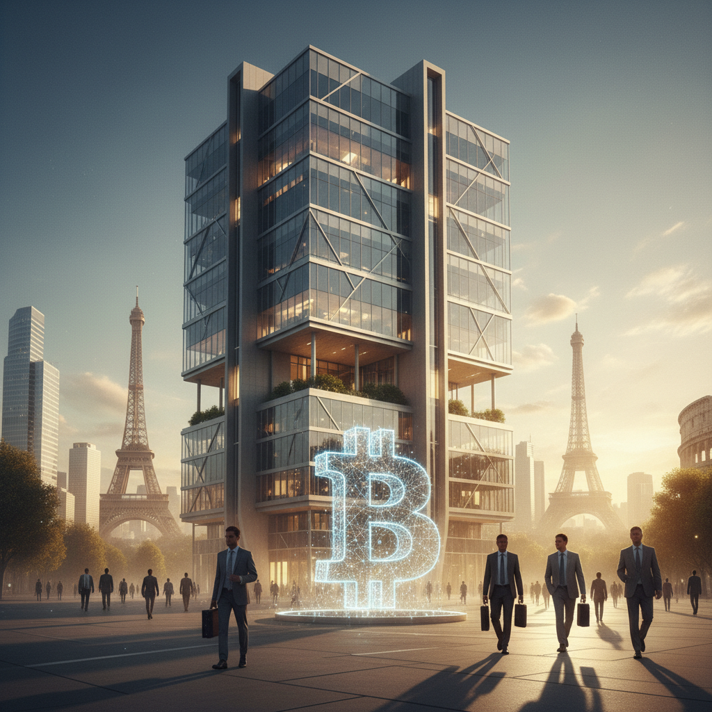 A conceptual image of a European cityscape with glowing Bitcoin network lines connecting buildings, symbolizing a new financial infrastructure.