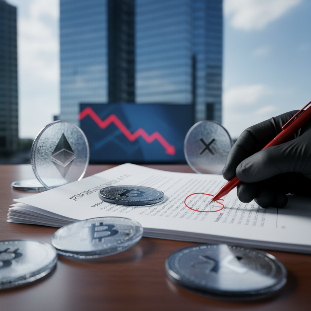 A graphic showing the JPMorgan Chase logo with a fractured crypto coin, symbolizing the tension between the bank and the industry.