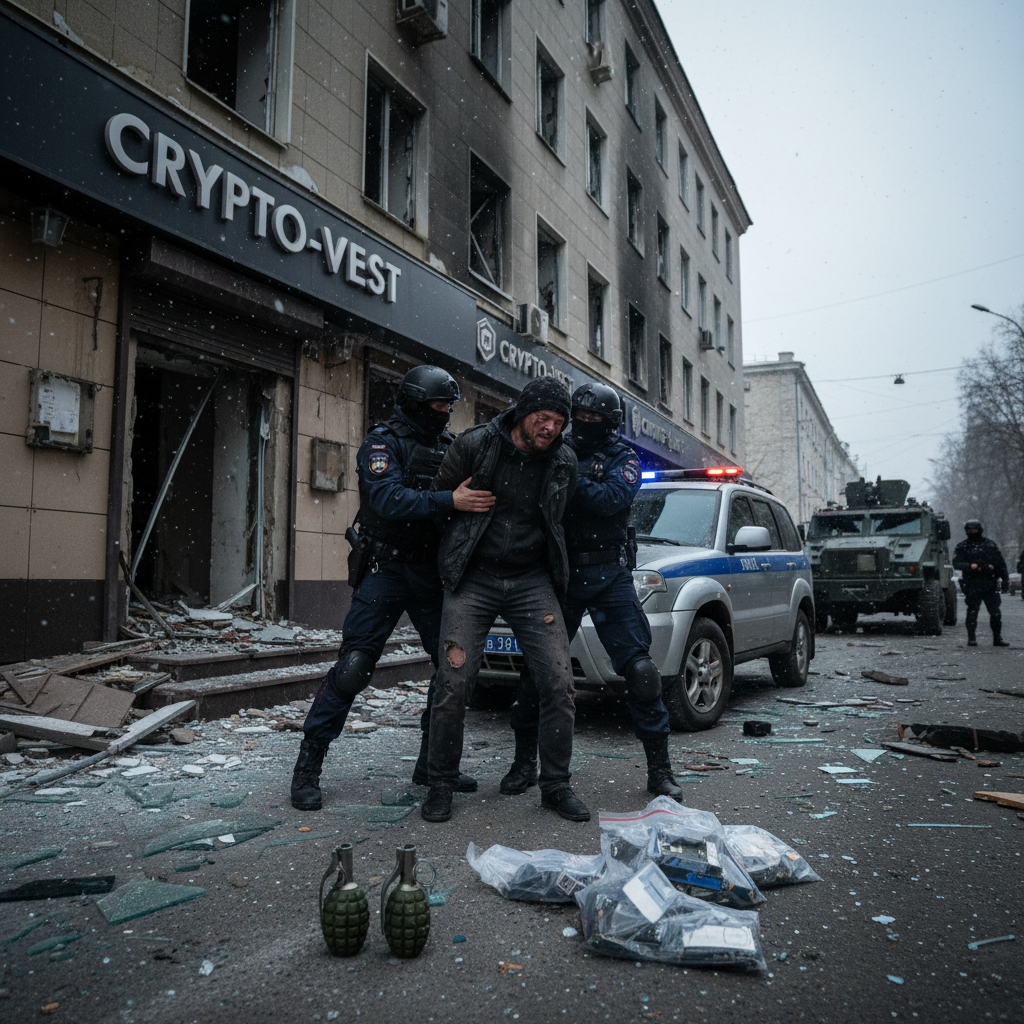 A person in a hooded jacket being arrested by police outside a building, illustrating the failed crypto exchange robbery.