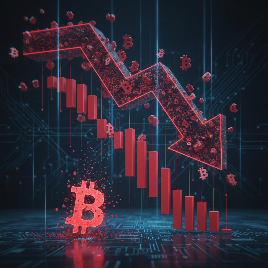 A downward trending red chart line superimposed over a background of Bitcoin logos, illustrating the concept of ETF outflows.