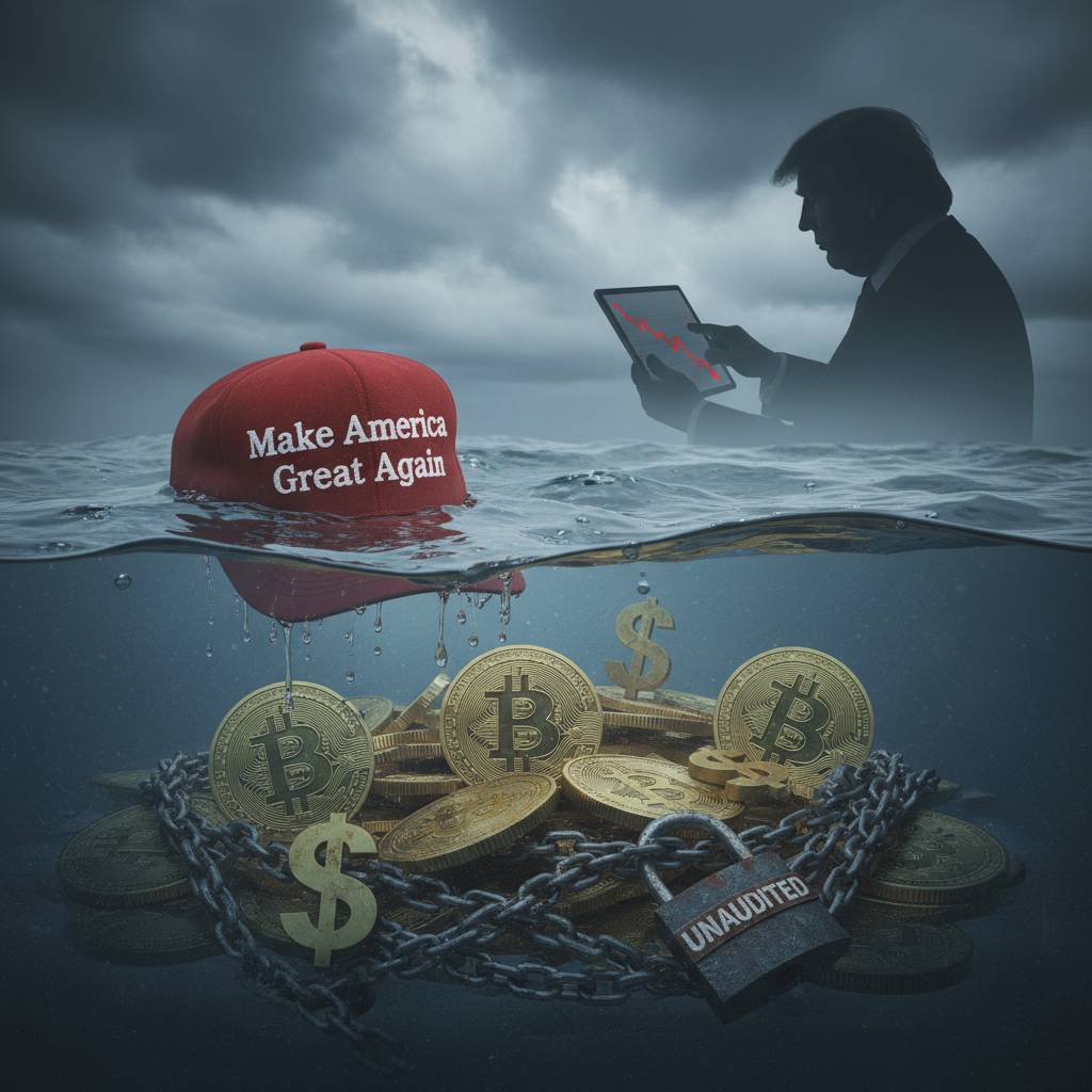 An illustration of Donald Trump standing next to a glowing Bitcoin logo, representing his company's new mining venture.