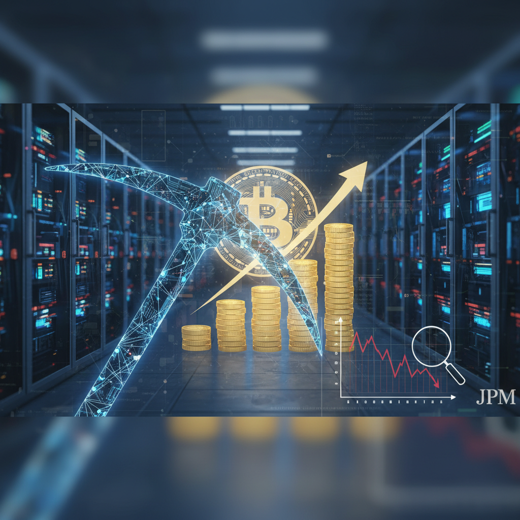 A futuristic server room with glowing blue lights representing the convergence of Bitcoin mining and AI data centers.