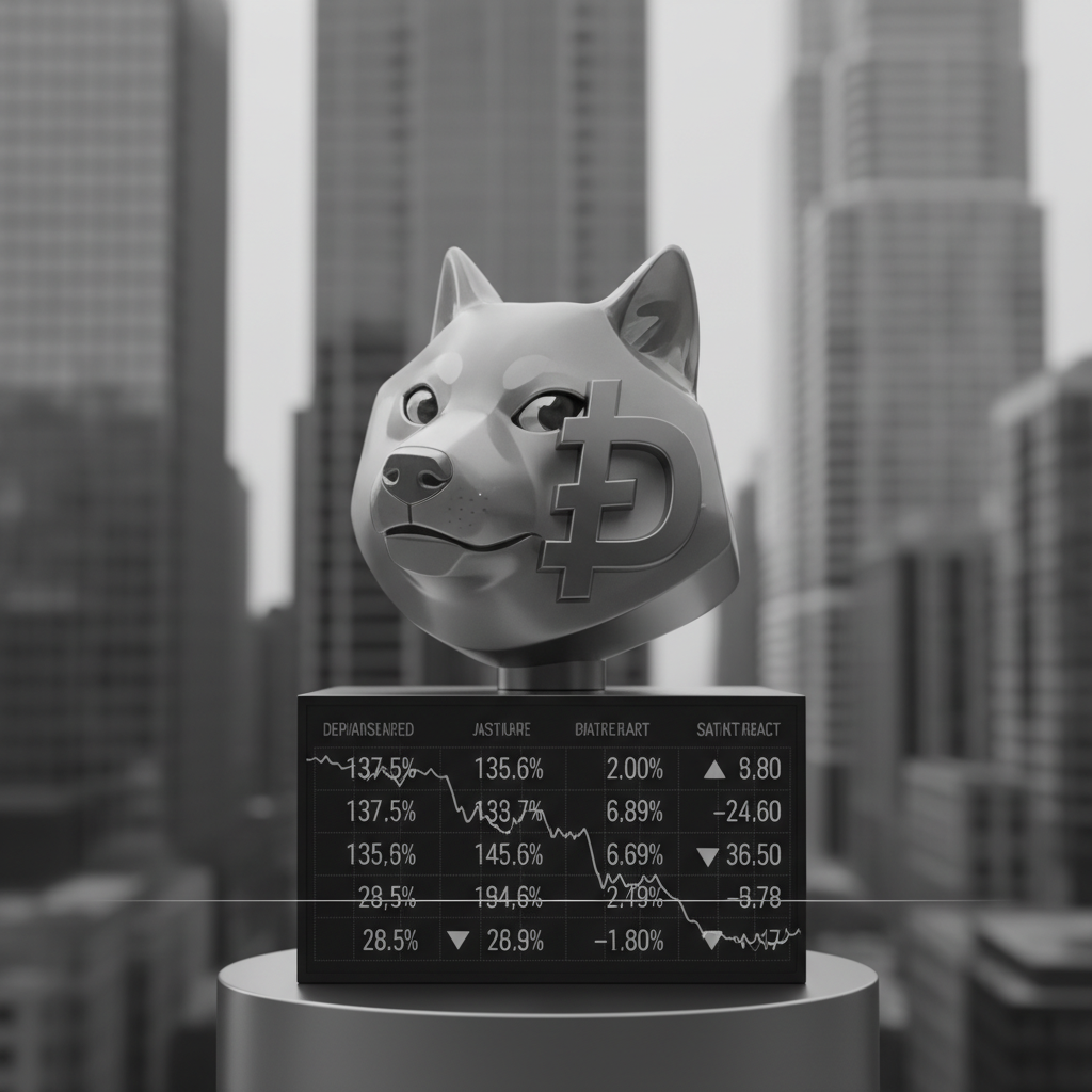 A graphic of the Dogecoin dog wearing sunglasses in front of a fluctuating crypto market chart.