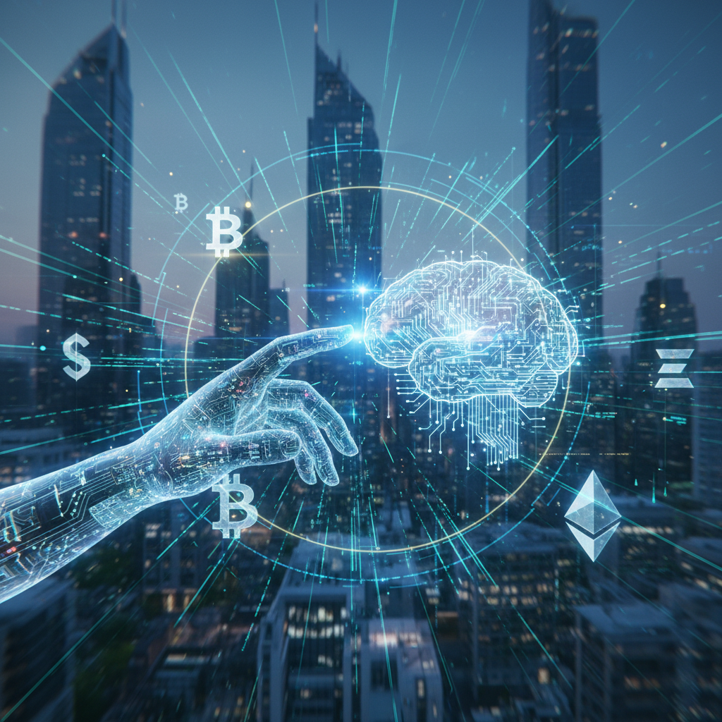 A network of glowing nodes representing the connection between AI, humans, and cryptocurrency, creating the structure of the agentic web.