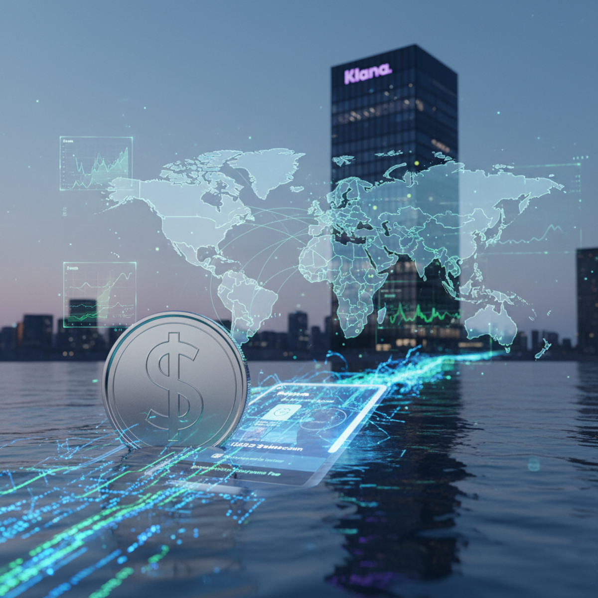 A smartphone screen showing the Klarna app logo over a background of digital currency symbols, representing its move into crypto.