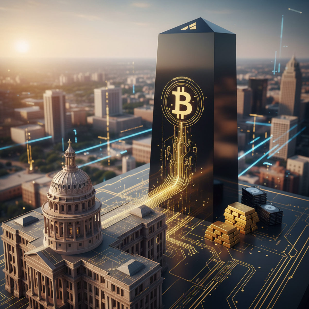 The Texas state capitol building with a Bitcoin logo overlaid, representing the state's pioneering investment in cryptocurrency through its school fund.