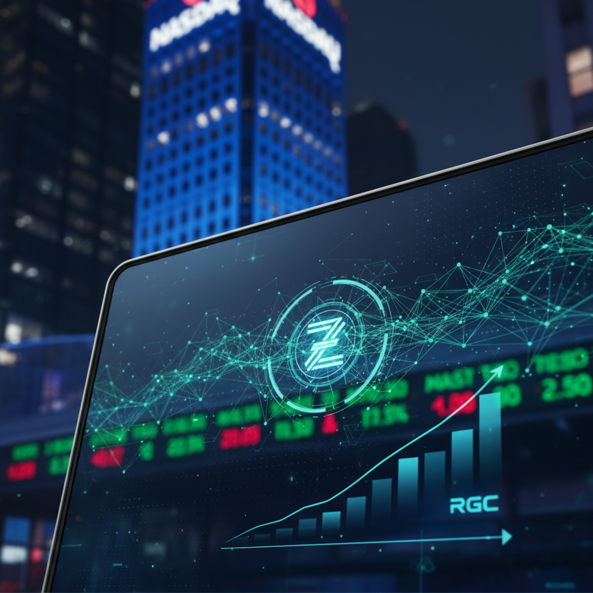 A graphic showing the Zcash logo on a digital circuit board background, representing Reliance Global's investment in the privacy coin.