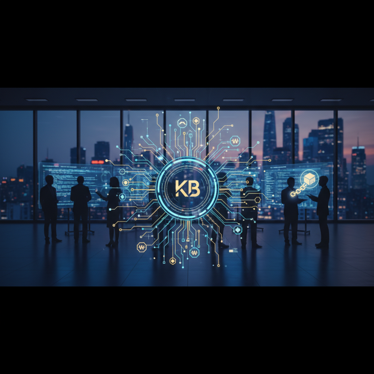 A smartphone displaying the Kakaobank app logo against a digital background representing blockchain technology.