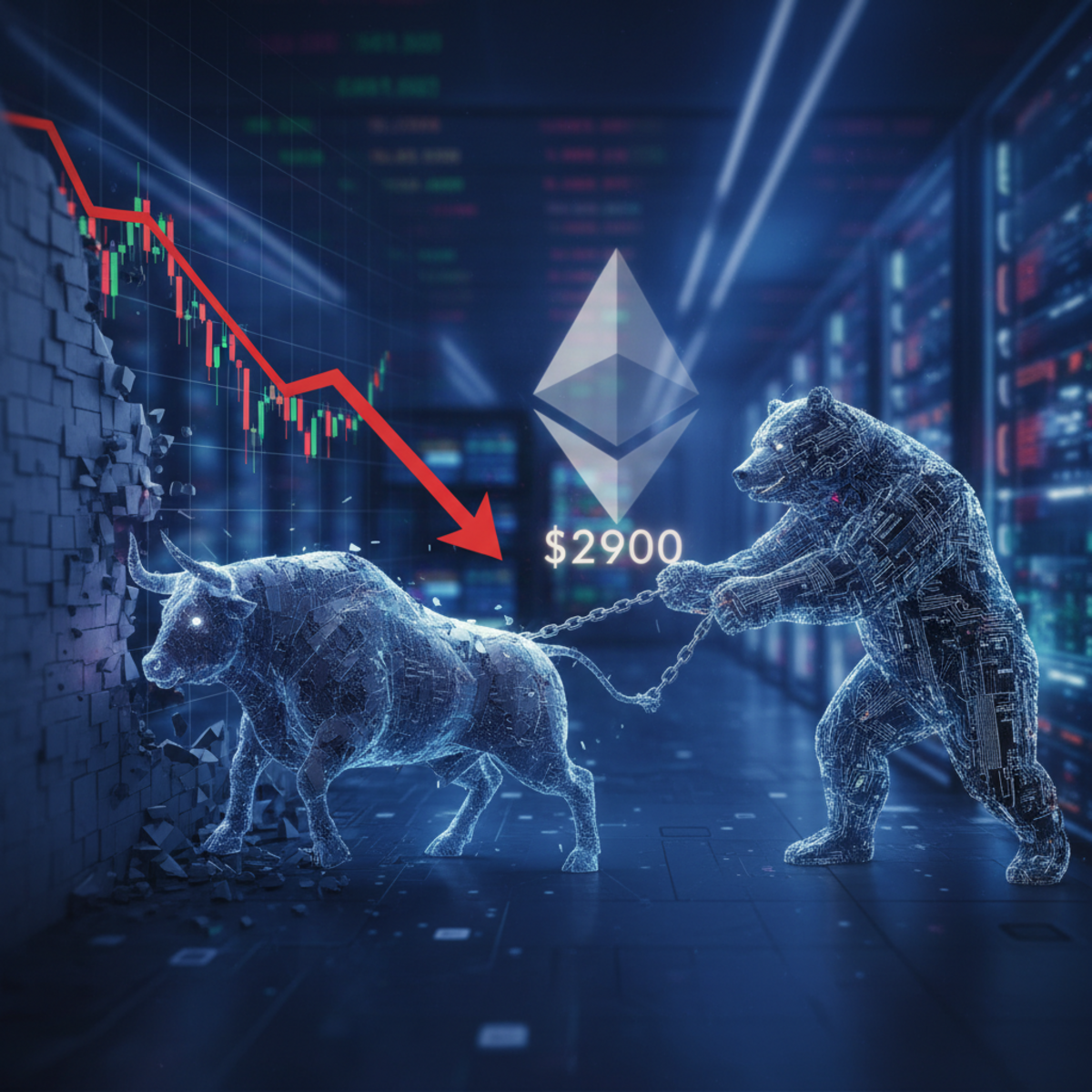 A chart showing the Ethereum price struggling to break the three thousand dollar resistance level, with indicators pointing down.