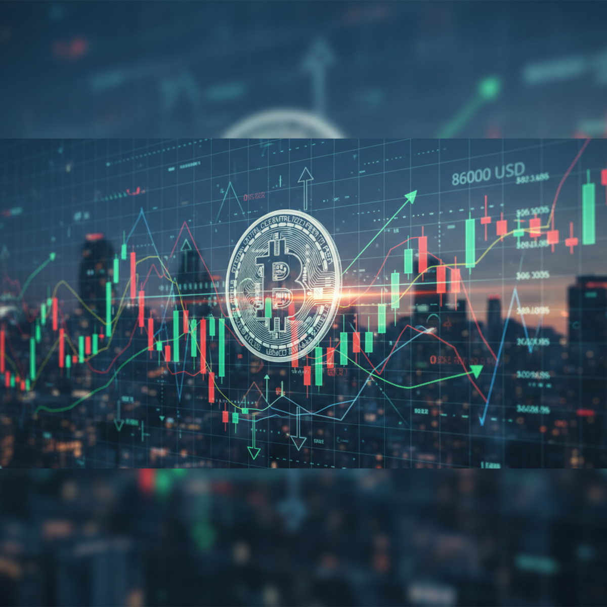 A digital illustration of a Bitcoin coin resting on a fluctuating price chart with green and red lines, symbolizing market uncertainty.