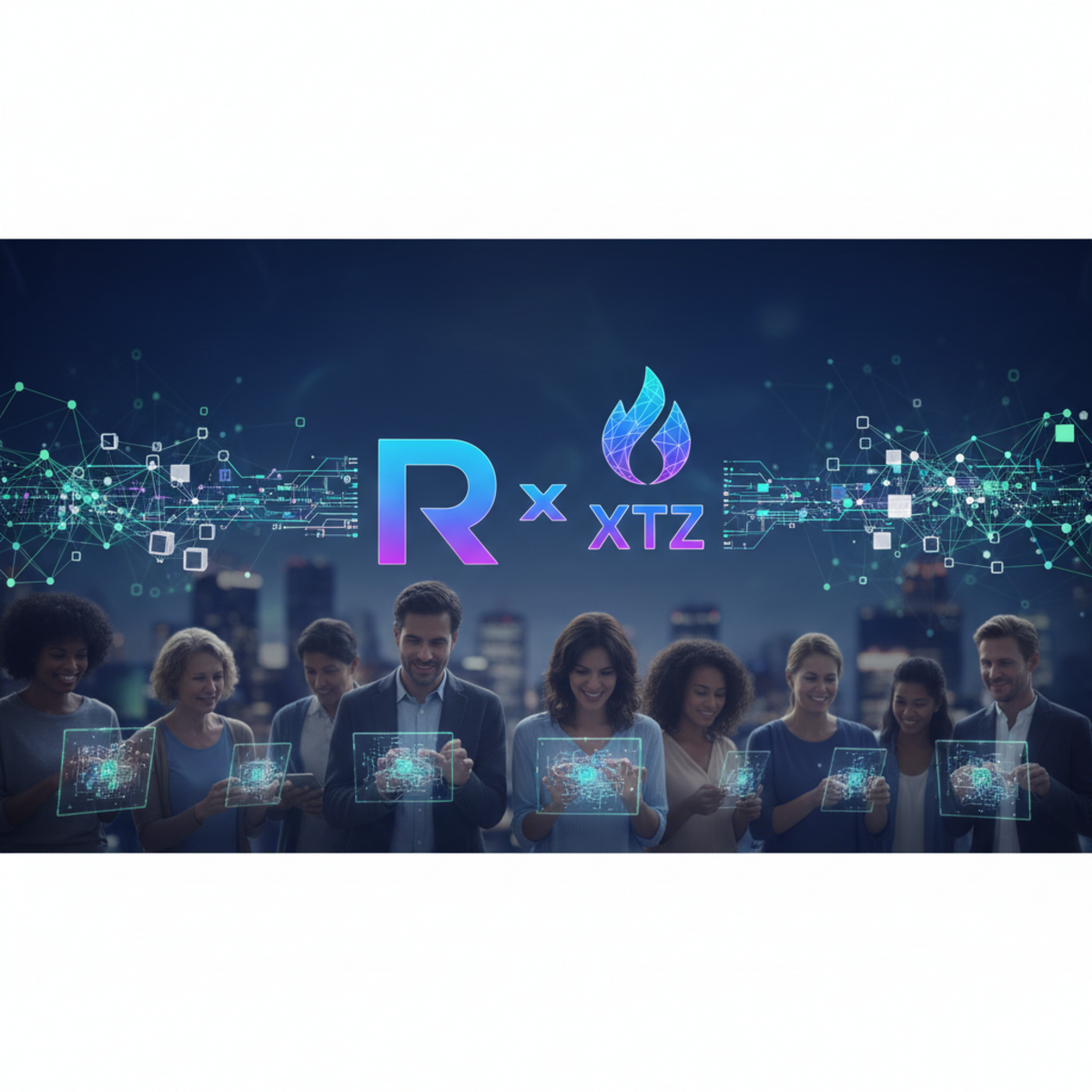 A smartphone showing the Revolut app interface with the Tezos XTZ logo and a graphic representing zero fee staking rewards.