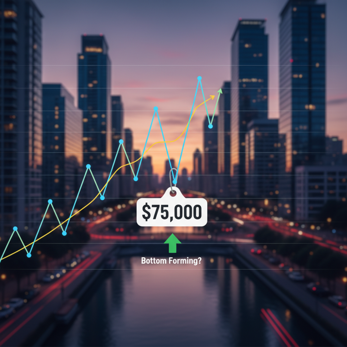 A technical analysis chart of Bitcoin's price showing a potential bullish three drives pattern forming near the $75,000 support zone.