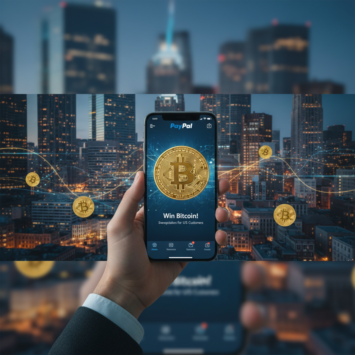 A smartphone displaying the PayPal app with Bitcoin logos and sweepstakes information, illustrating the crypto giveaway.