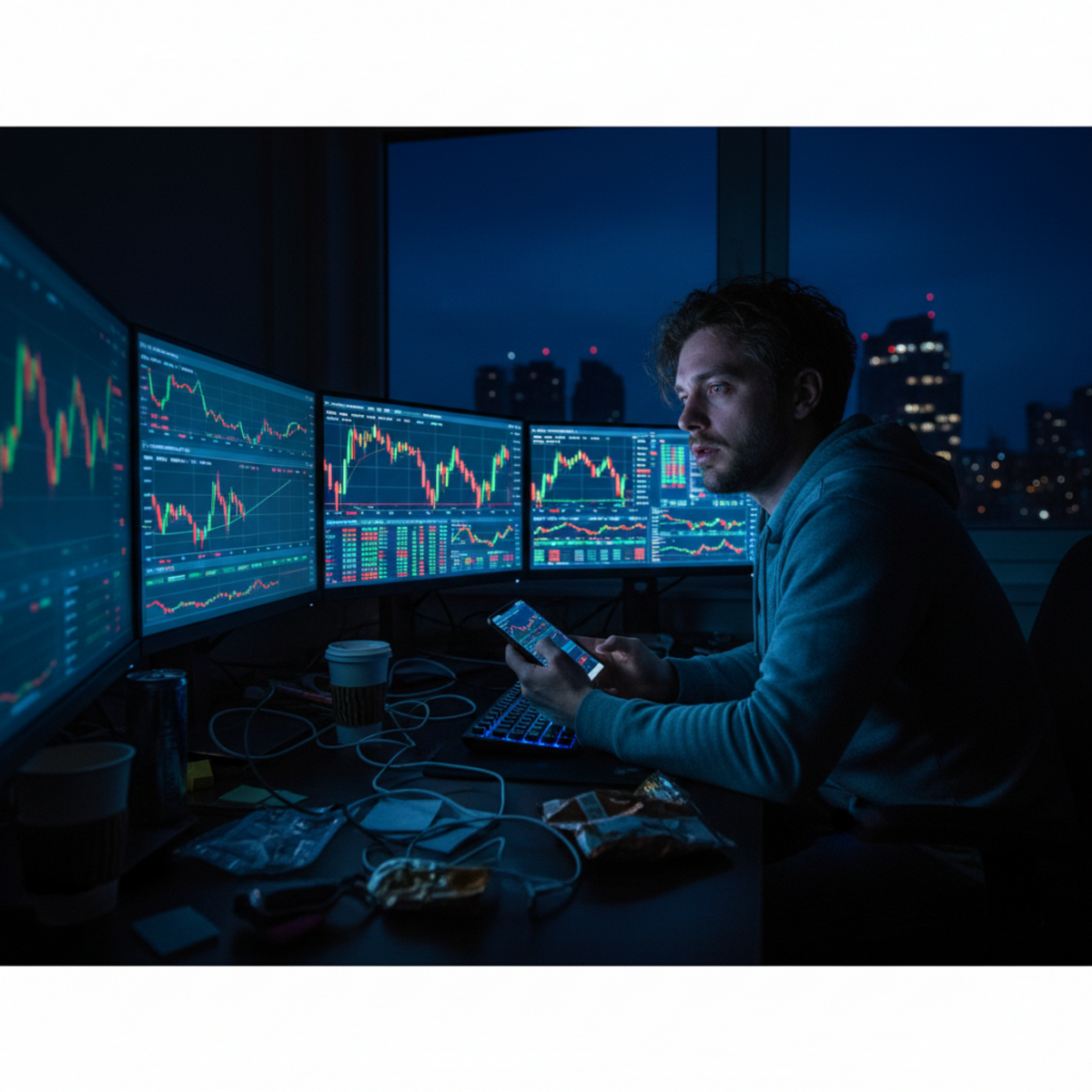 A tired crypto trader checks Bitcoin prices on their smartphone in a dark bedroom late at night.