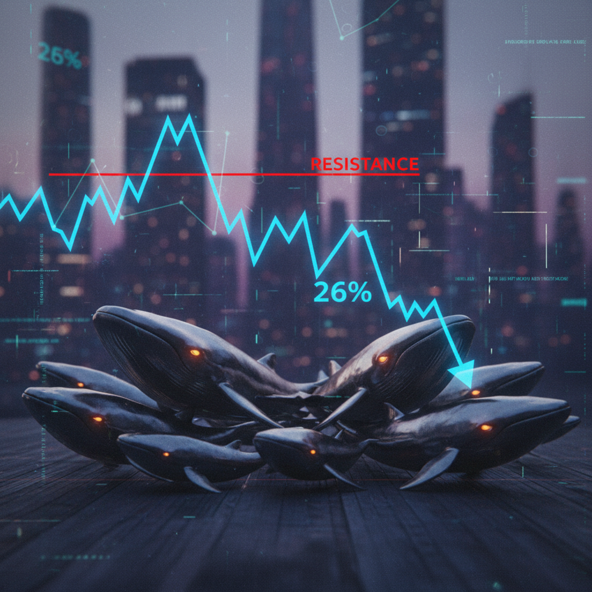 A chart showing the price of Ethereum trending down, with illustrations of large whales holding their ETH coins steady.