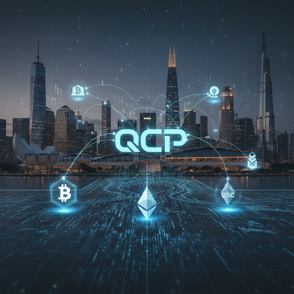 A modern office building at night with lights on, symbolizing global expansion and 24/7 crypto trading operations.