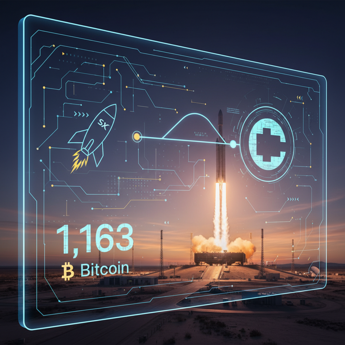 A graphic showing the SpaceX logo alongside the Bitcoin and Coinbase logos, representing the transfer of funds.