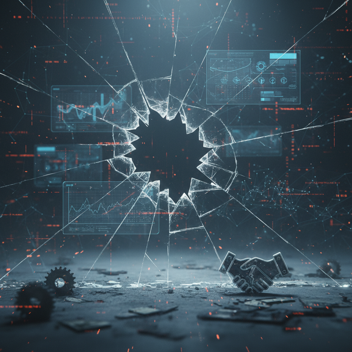 A red line graph trending downward over a dark background with digital crypto symbols, symbolizing a project's market failure.