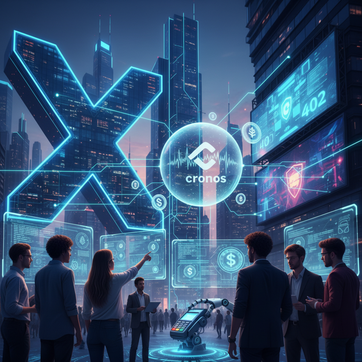 A graphic representing the Cronos blockchain network with icons for AI and payment systems, promoting the x402 Hackathon.