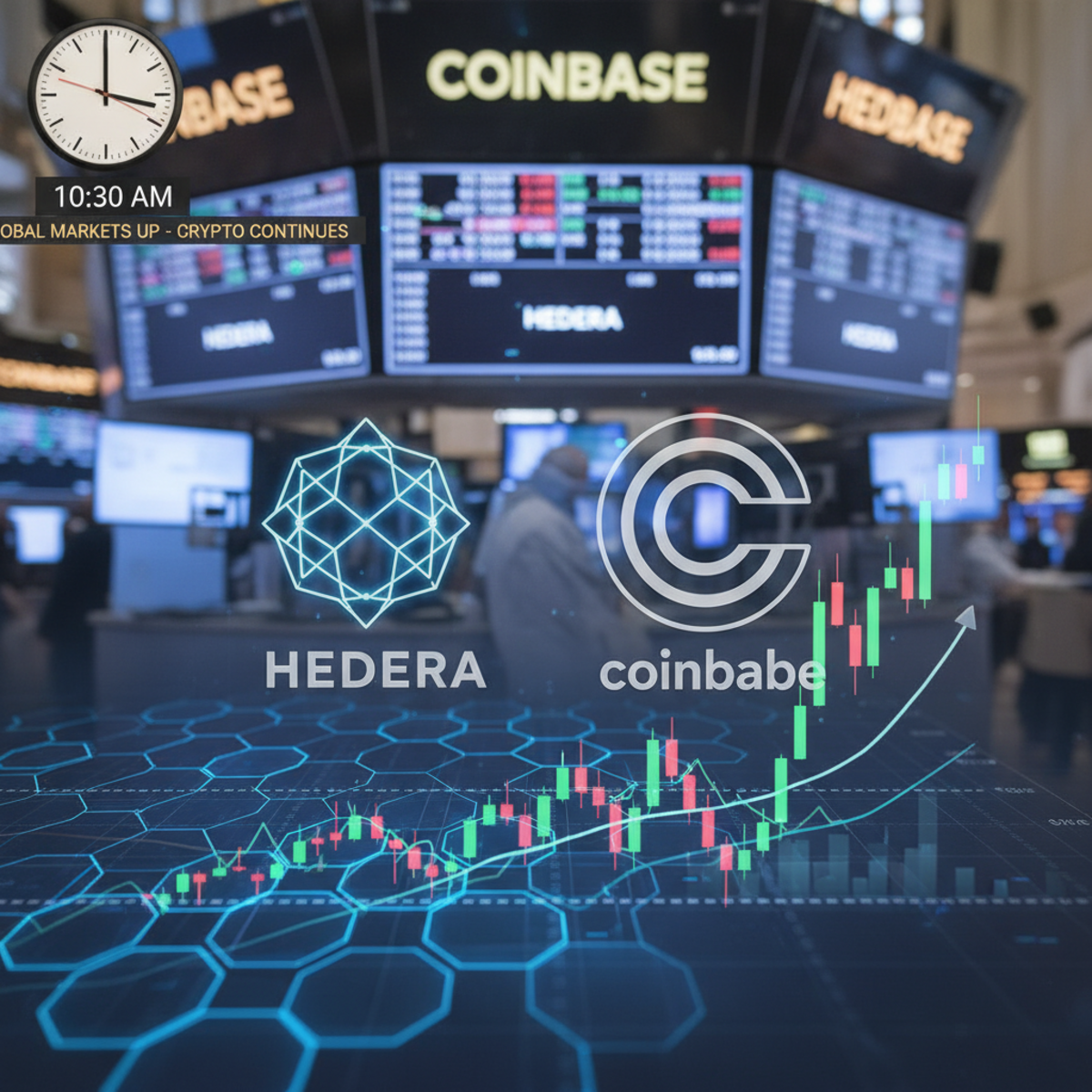 A graphic showing the Hedera HBAR logo on a futuristic digital background, symbolizing its return to the Coinbase 50 Index.