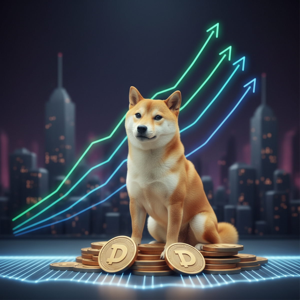 A chart showing the Dogecoin price with annotations for the bullish three-drives pattern and key support at $0.14.