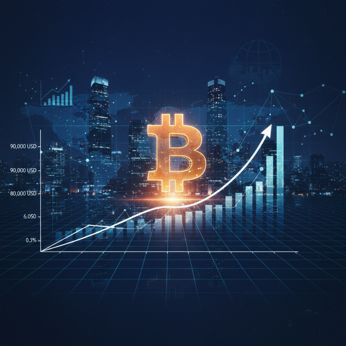 A futuristic digital chart showing the Bitcoin price surging upwards past the ninety thousand dollar mark with a bullish trend line.