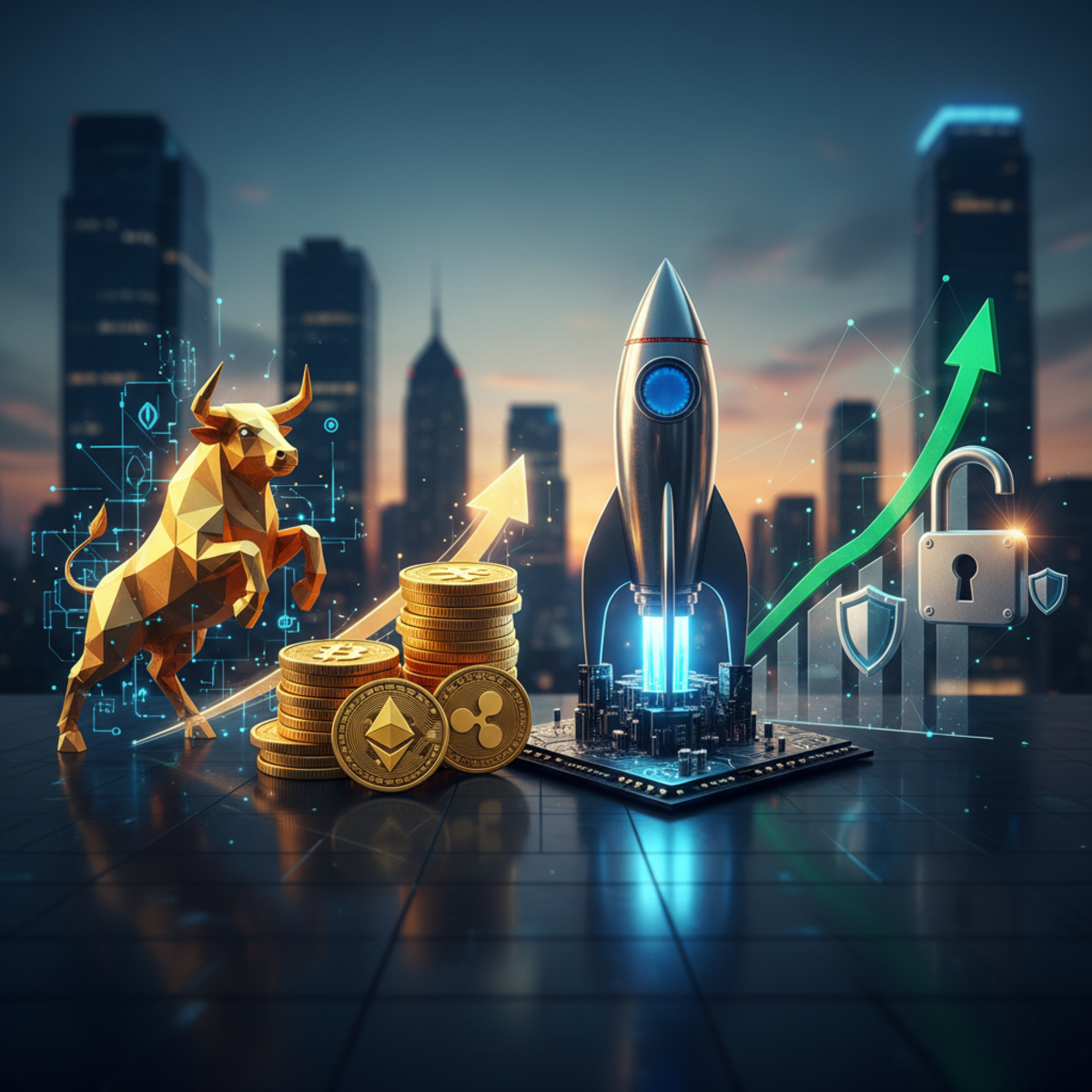 A graphic showing a bullish green chart arrow pointing upwards over a background of cryptocurrency coins like Bitcoin and Ethereum.