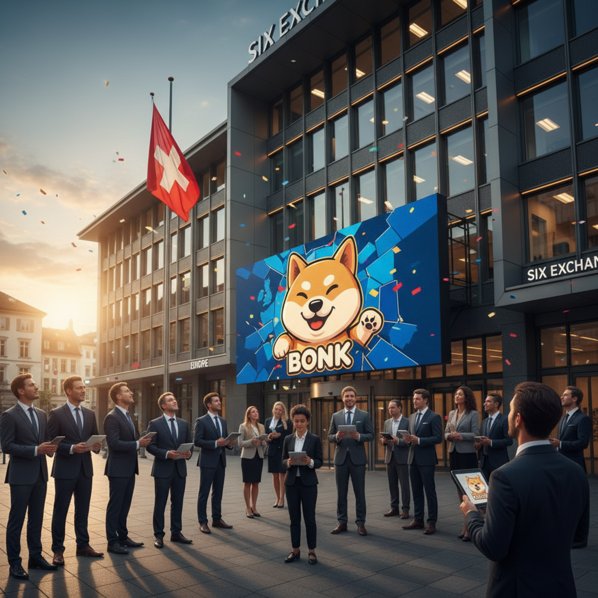 A graphic showing the BONK token logo against the backdrop of the Swiss flag and stock market data.