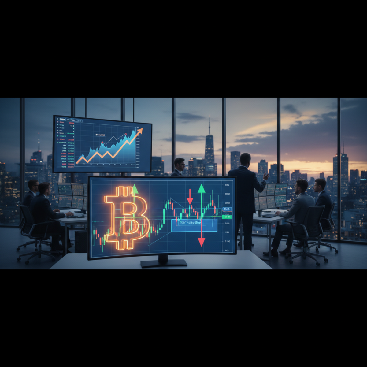 A chart showing Bitcoin's price candlestick pattern with technical indicators suggesting a potential upward trend toward its next target.