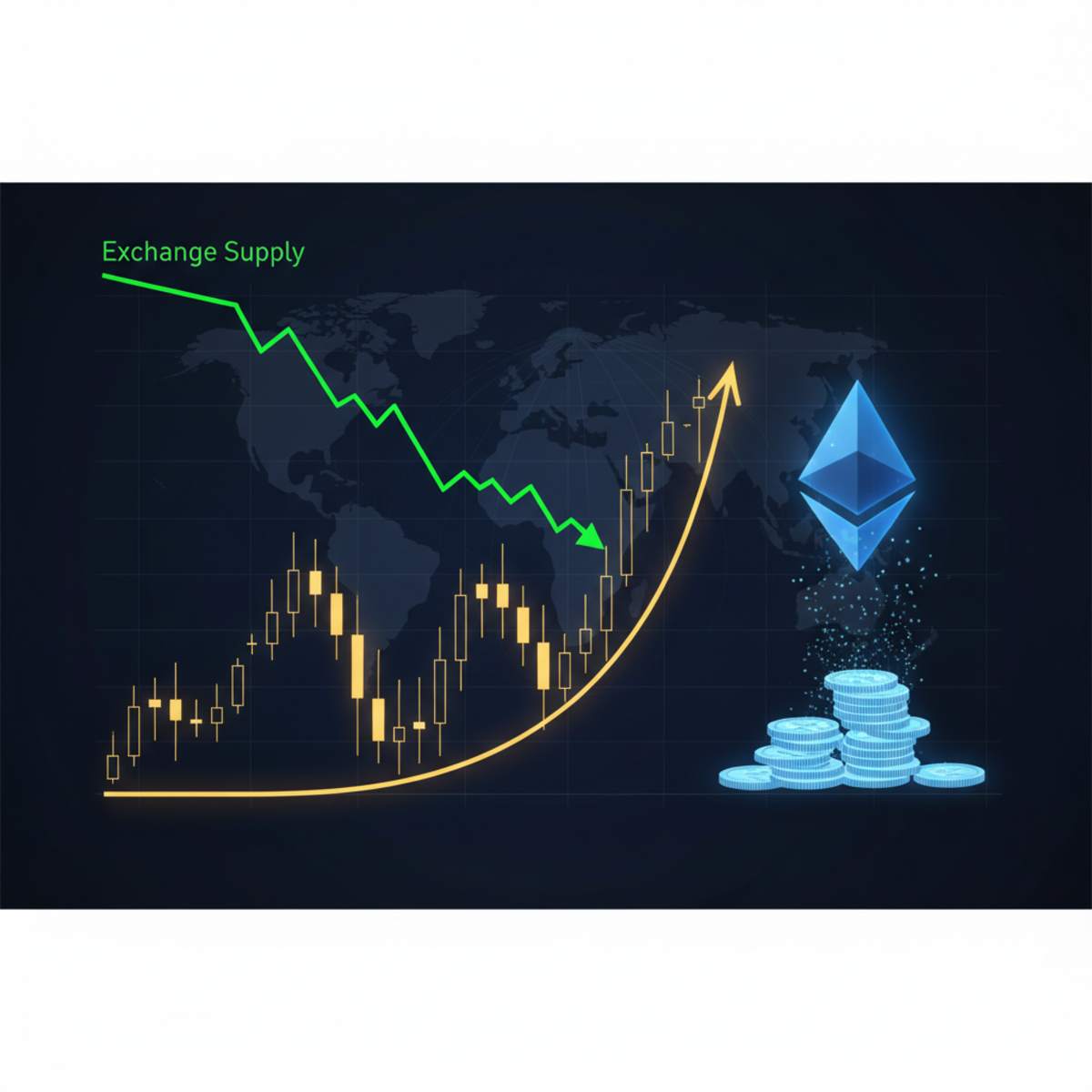 Chart showing Ethereum's price breaking out of a bullish inverse head and shoulders pattern with declining exchange supply.