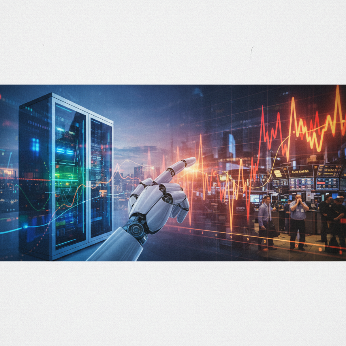 A robot hand and a human hand hovering over a glowing digital chart showing cryptocurrency market data.