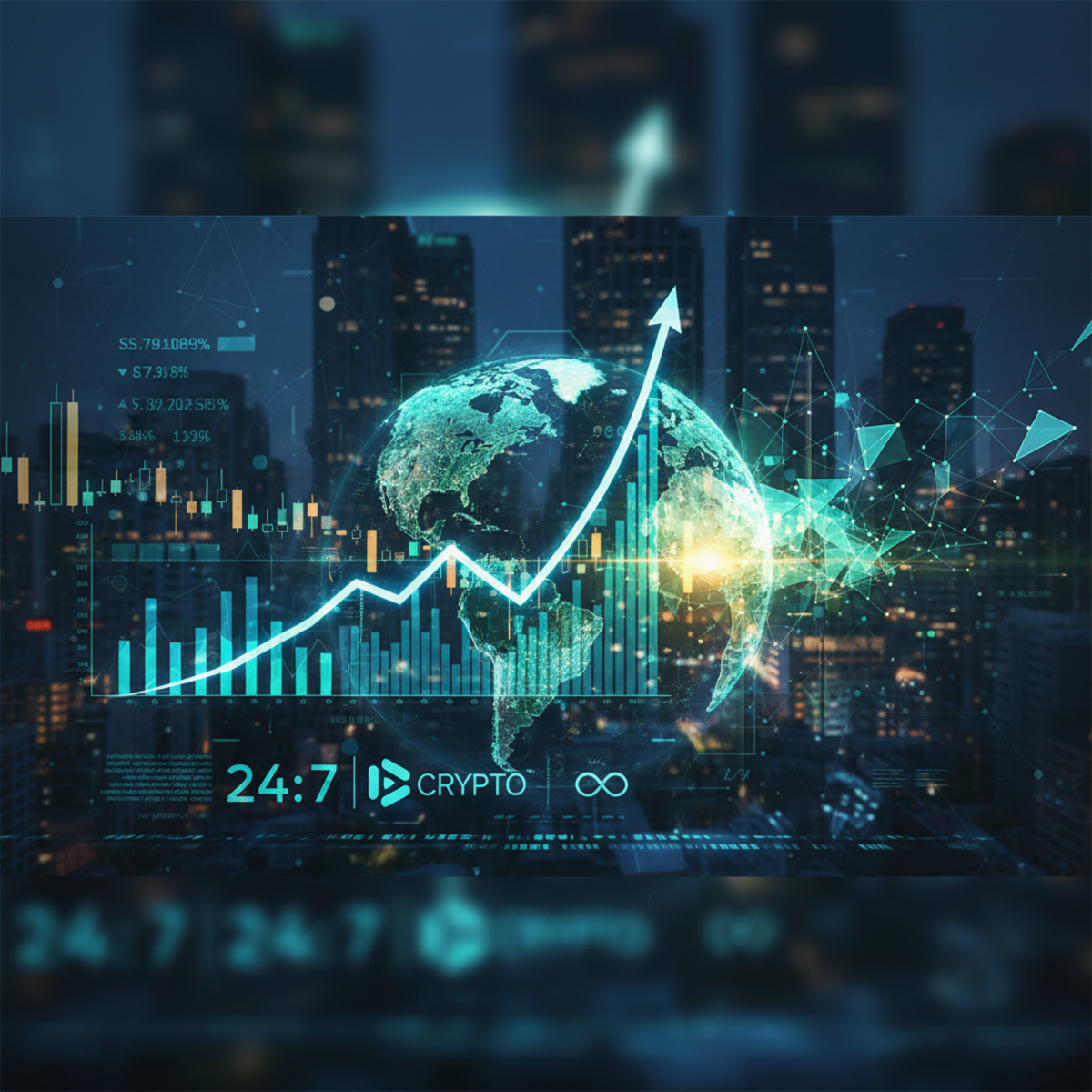Futuristic digital art showing a bull and bear clashing over glowing stock market and cryptocurrency charts.