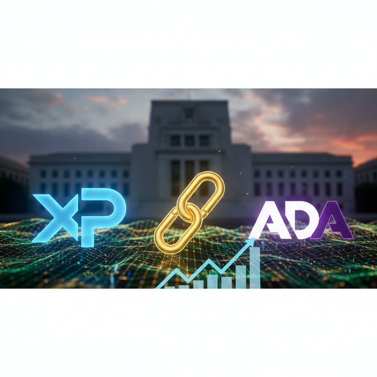 Digital coins representing XRP, Chainlink, and Cardano on a background showing a financial chart indicating an upward trend.