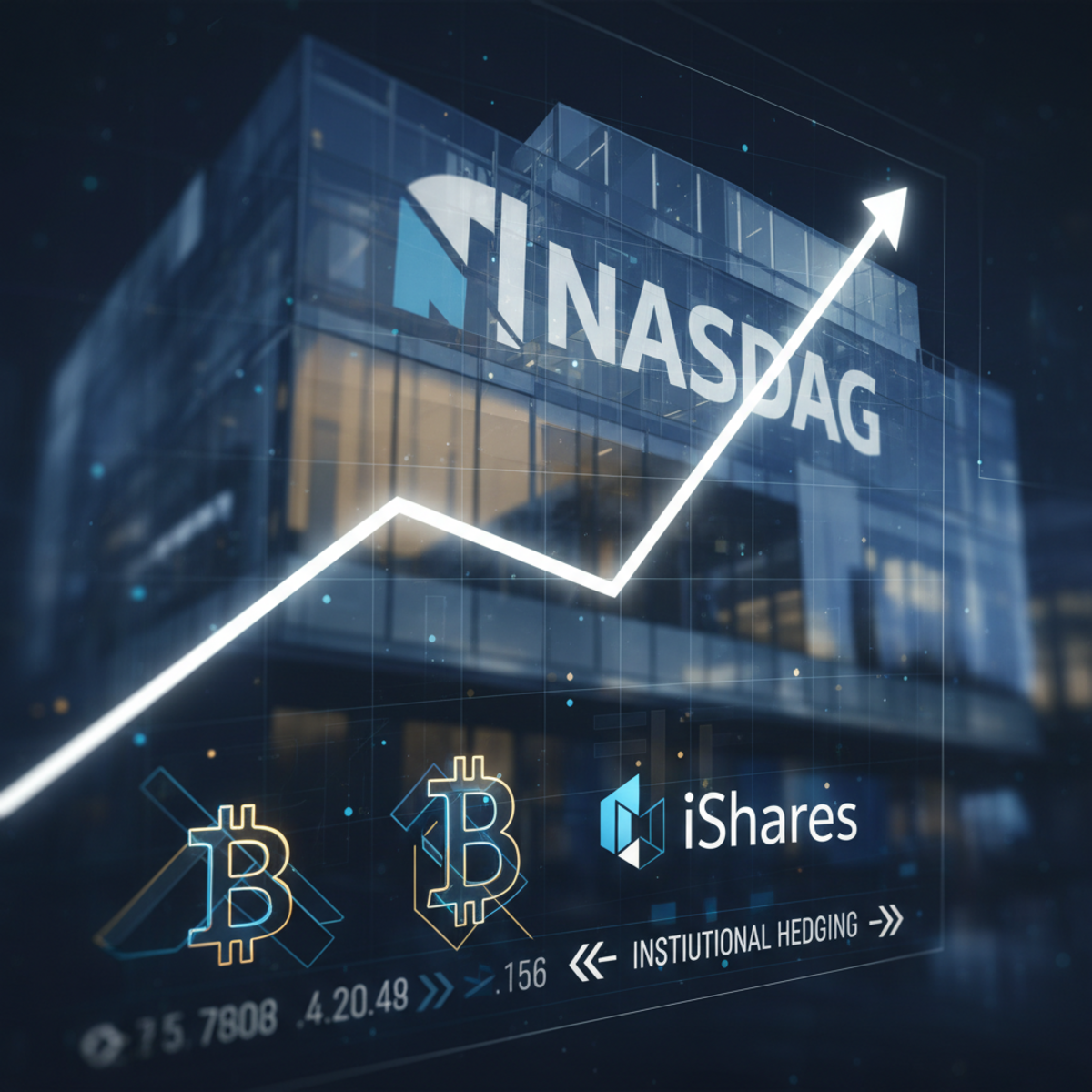 A digital graphic showing the Nasdaq logo overlaid on a background of Bitcoin symbols and stock market charts.