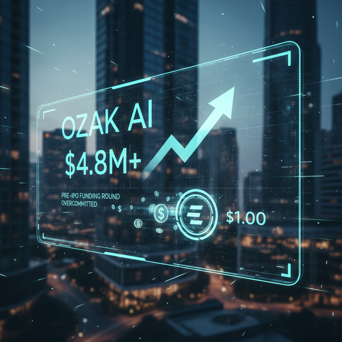 A futuristic graphic representing the Ozak AI project, with glowing nodes and data streams symbolizing artificial intelligence.