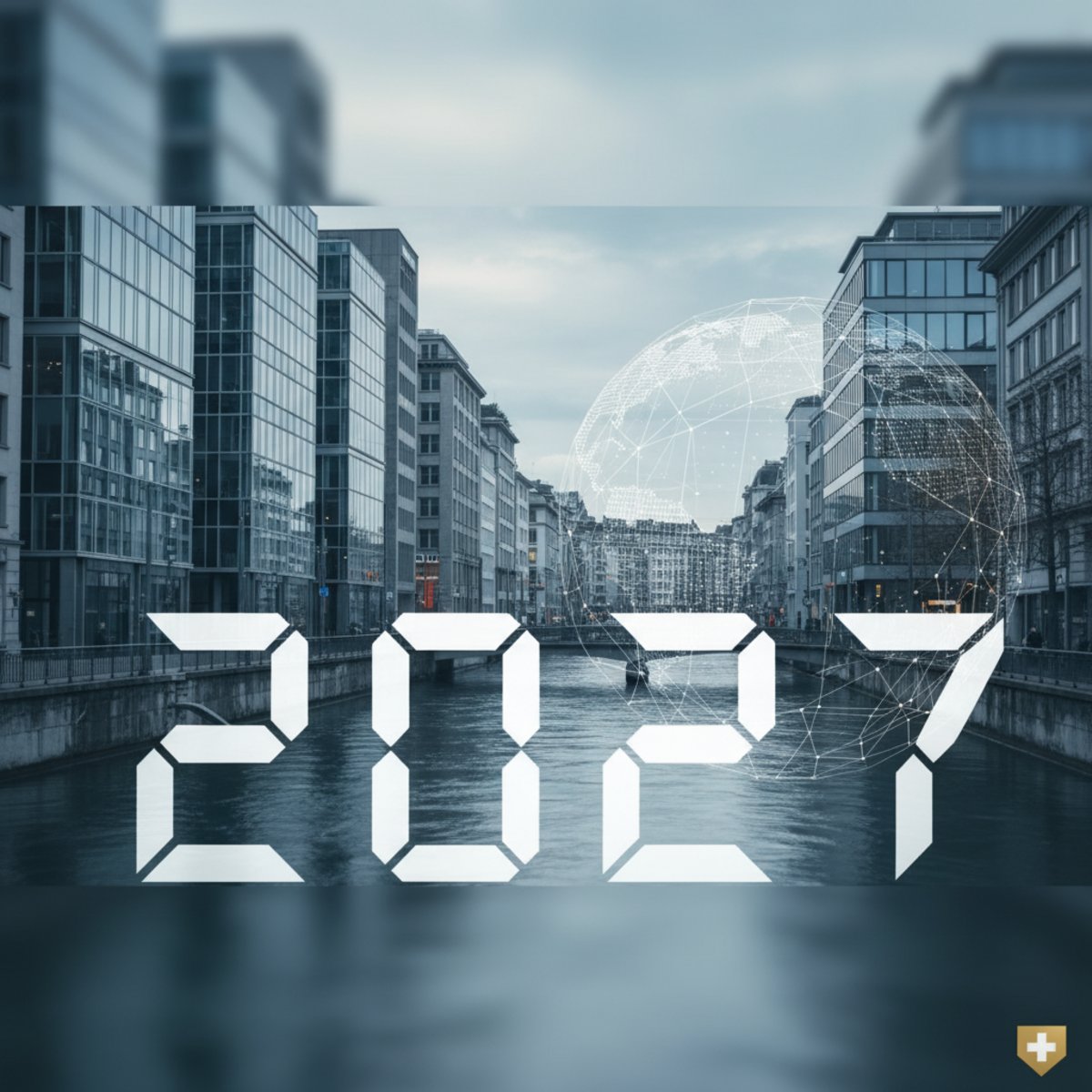 The Swiss flag flying with a backdrop of the Alps and a digital cryptocurrency coin overlay, symbolizing finance and technology.