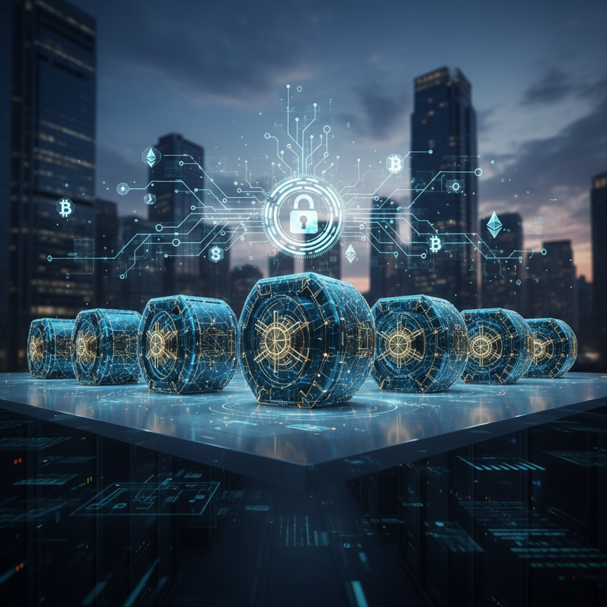 A secure digital vault with a glowing lock, representing the safety offered by corporate crypto custody solutions.