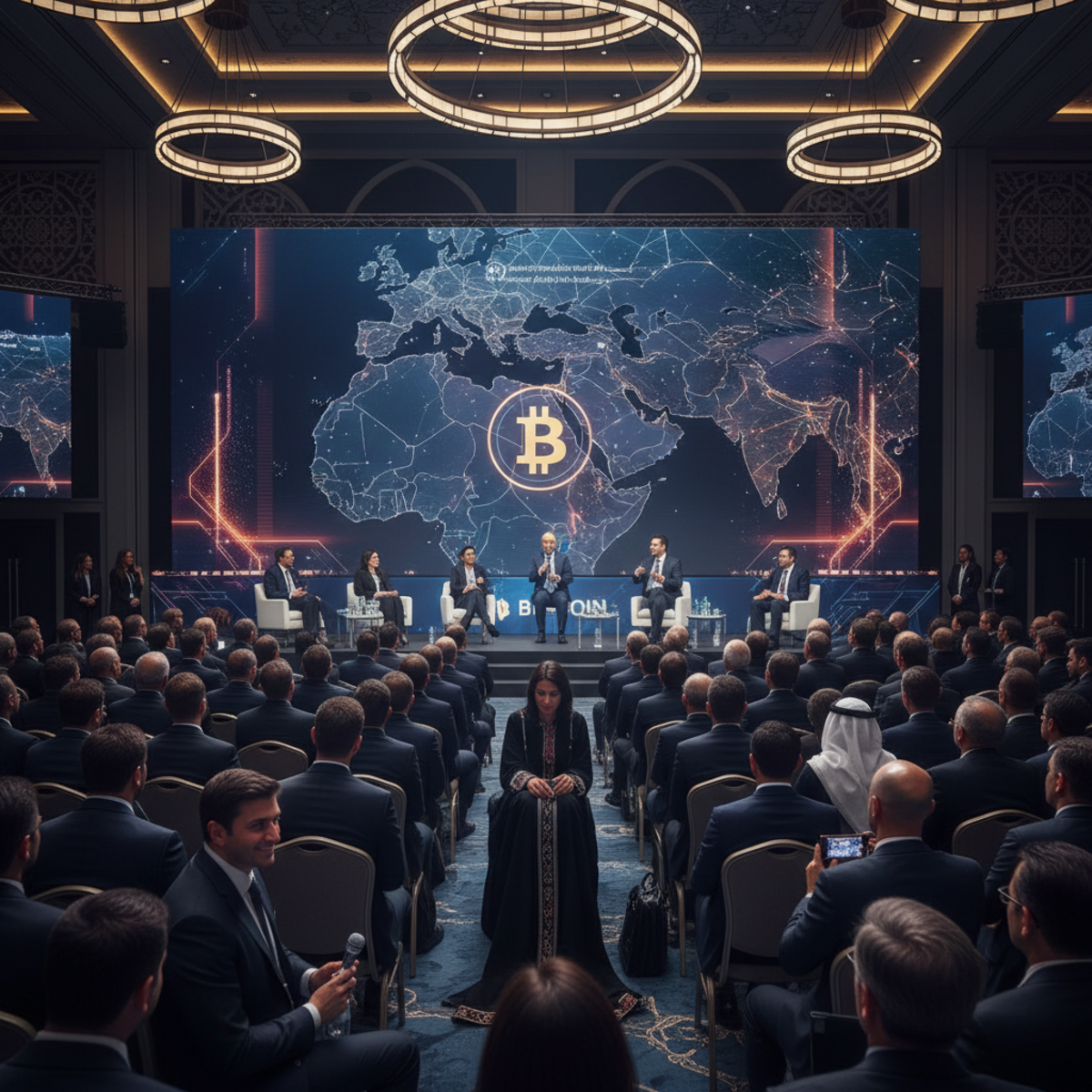 A vibrant graphic for the Bitcoin MENA conference featuring the event logo and speakers against a backdrop of the Abu Dhabi skyline.