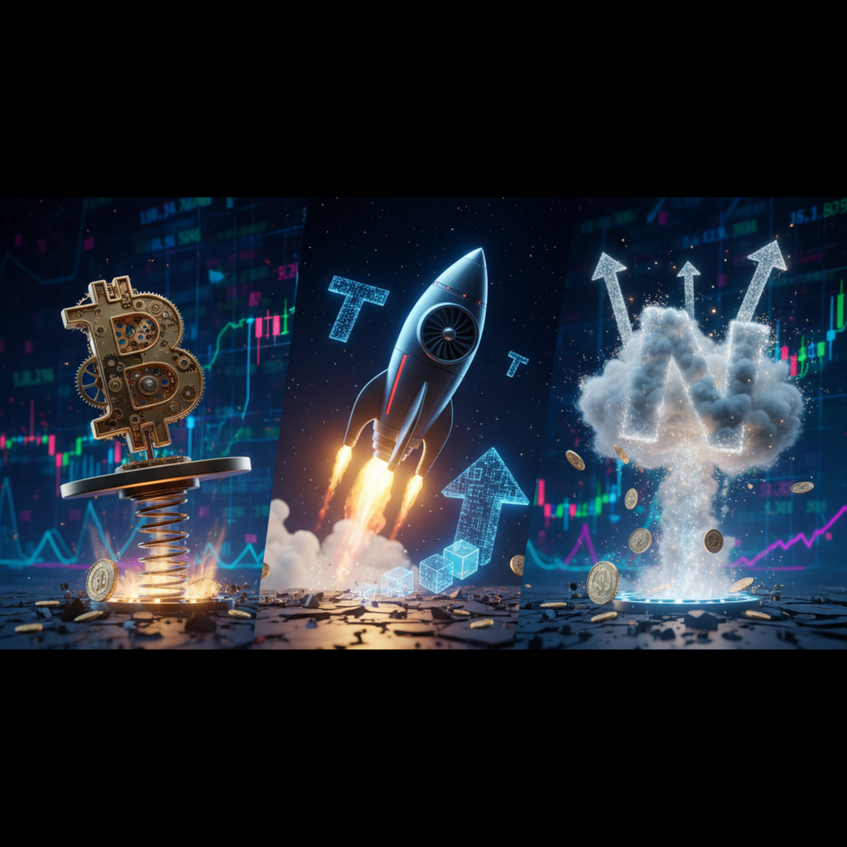 Stylized graphic showing the logos of BAT, Turbo, and Nubila cryptocurrencies with upward pointing arrows indicating growth.