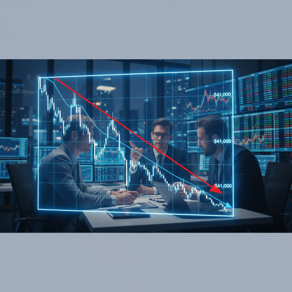 A chart showing Bitcoin's price trajectory with technical analysis indicators pointing towards a potential downtrend.