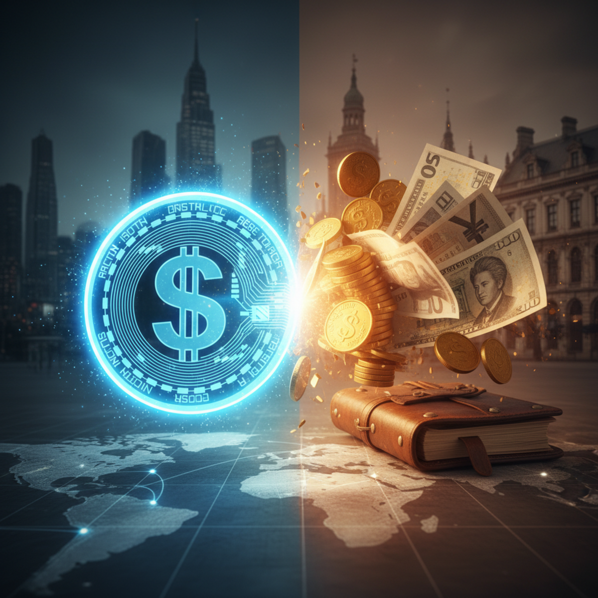 Digital visualization of stablecoins connecting different global financial hubs