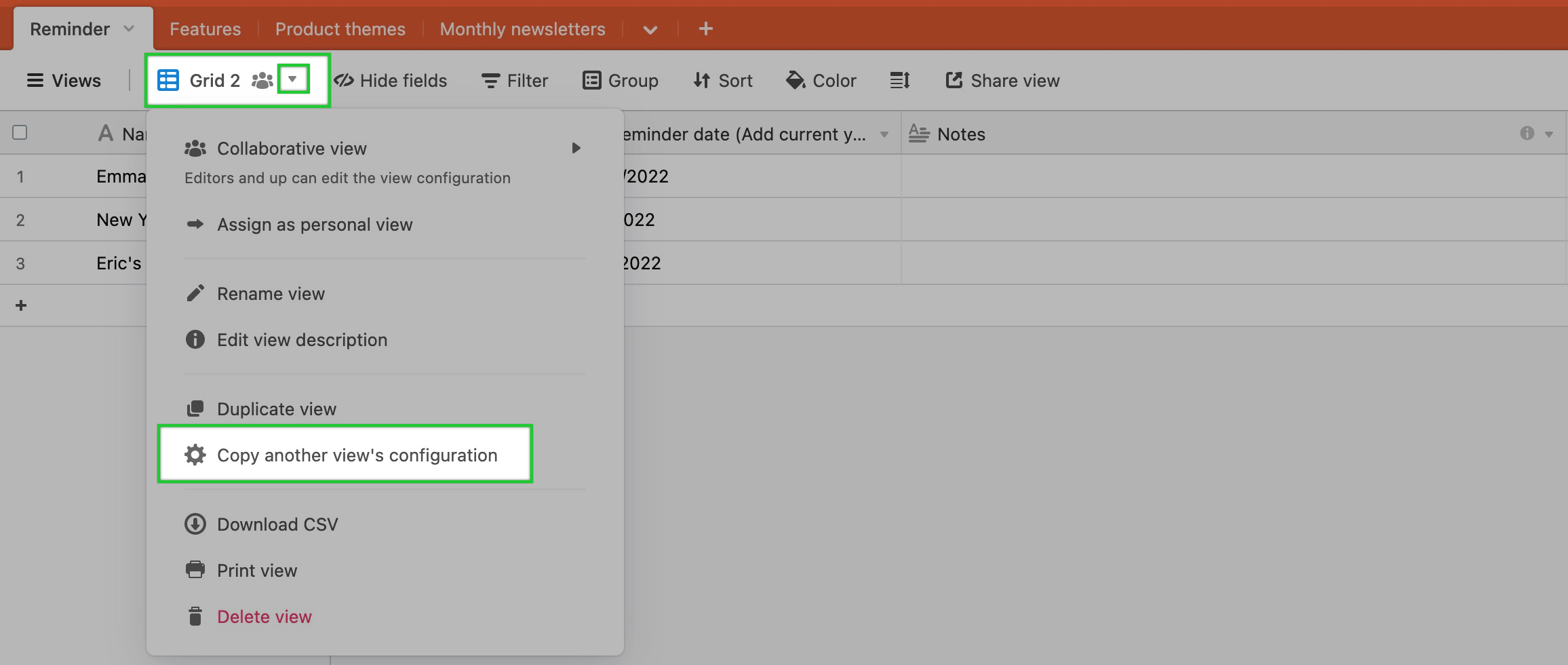 Airtable grid view showing structured content fields and view configuration options for managing SEO data