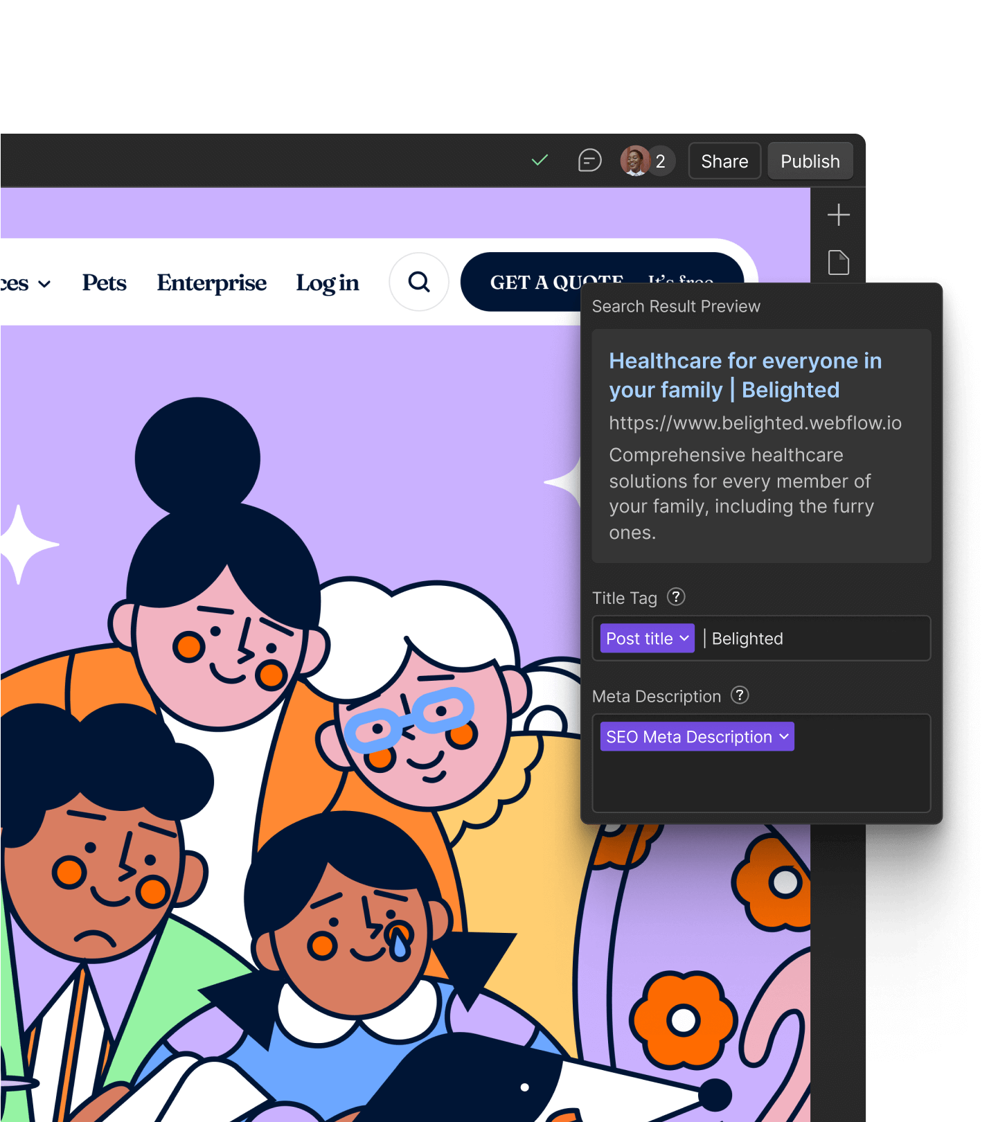 Webflow CMS page settings showing Title Tag and Meta Description fields with dynamic collection data for SEO optimization