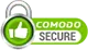 Silver padlock outline with bright green circle containing white thumbs-up gesture, green banner with word COMODO in white capitals, word SECURE in dark gray below