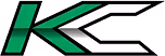 Stylized letters KC on black background, letter K in green with diagonal line, letter C in white formed by two horizontal bars with angled ends