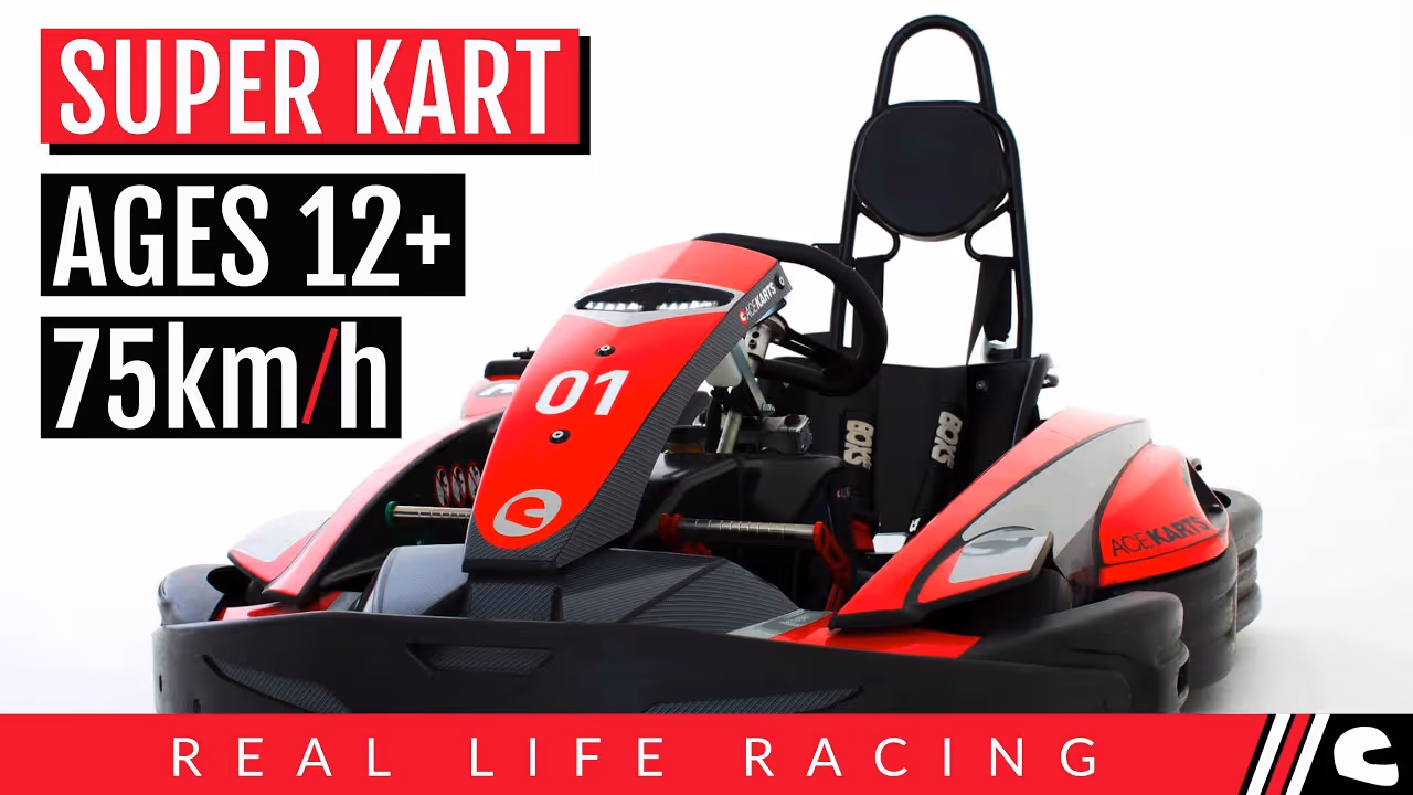 Red and black go-kart on white background, number 01 on front, white LED lights above, black seat with straps