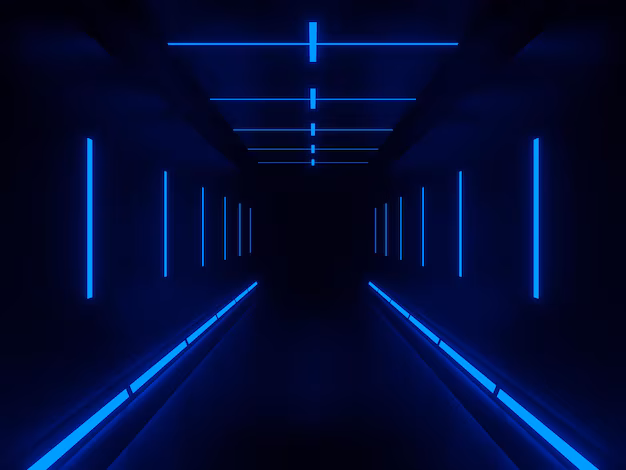 Dark futuristic hallway illuminated with blue neon lights along the walls and ceiling
