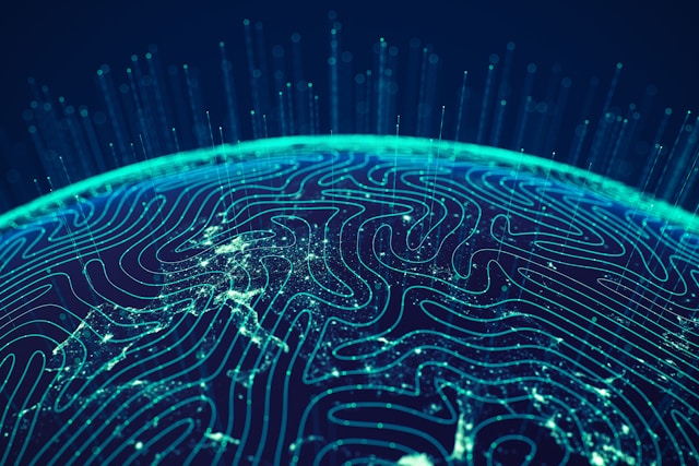 Digital visualization of Earth with glowing data lines and network points representing global connectivity.