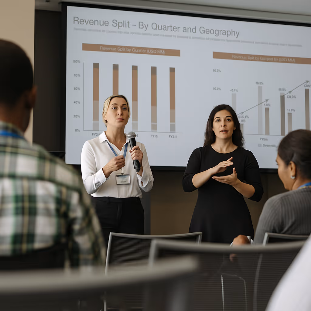 Speaker presenting in front of a screen while a sign language interpreter stands beside her interpreting for the audience
